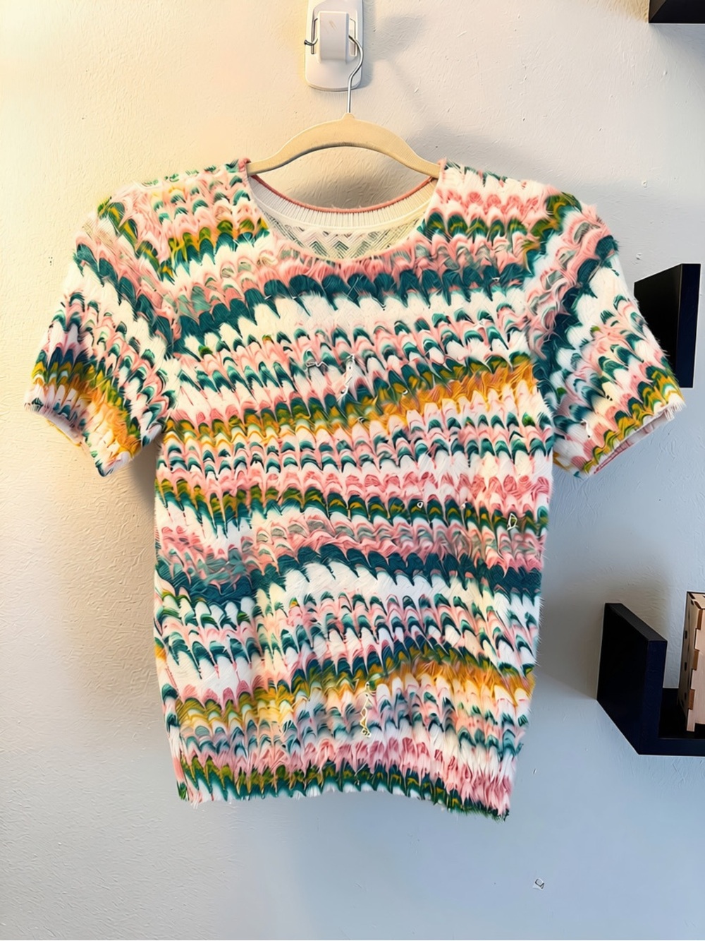 Vintage Mohair Fair Isle Sweater - Pink, Teal, Mustard Scallop Knit